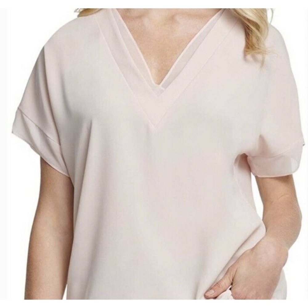 DKNY Womens Short Sleeve Layered Pink V-neck Blouse‎ Career Loose Fit XS